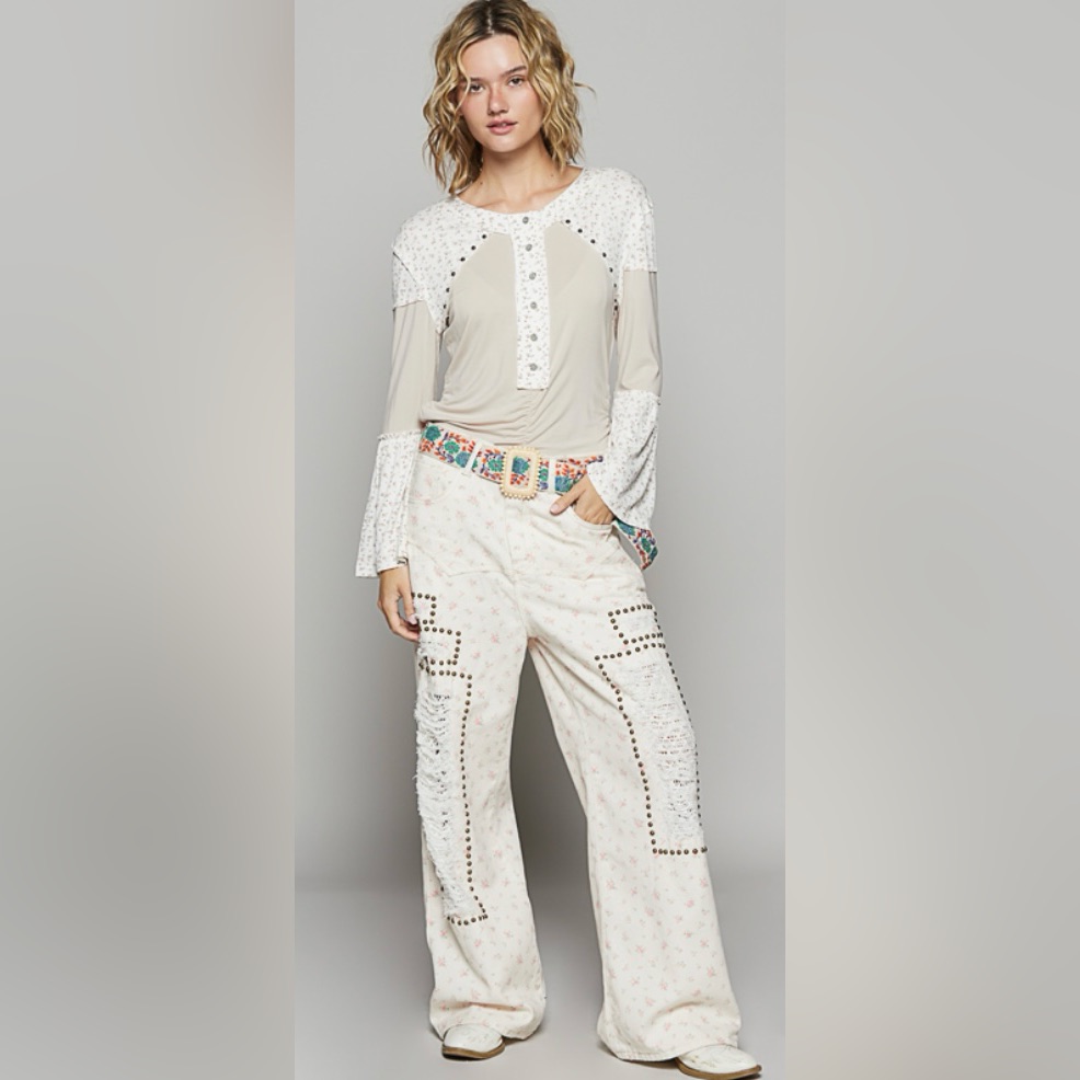 Pol Round Neck Ruffle Sleeve Fitted Fit Top In Pol Jersey With Stud Detail